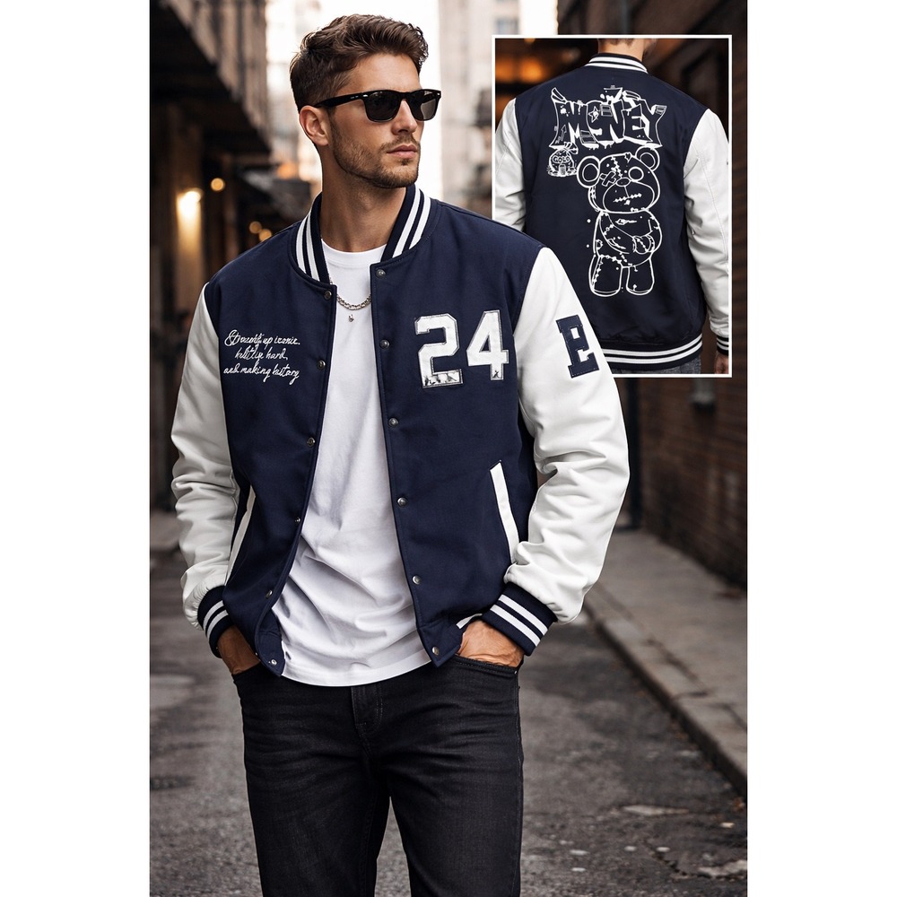 Seven Souls Varsity Jacket Mens L Navy White Bomber‎ Streetwear Graphic Bear